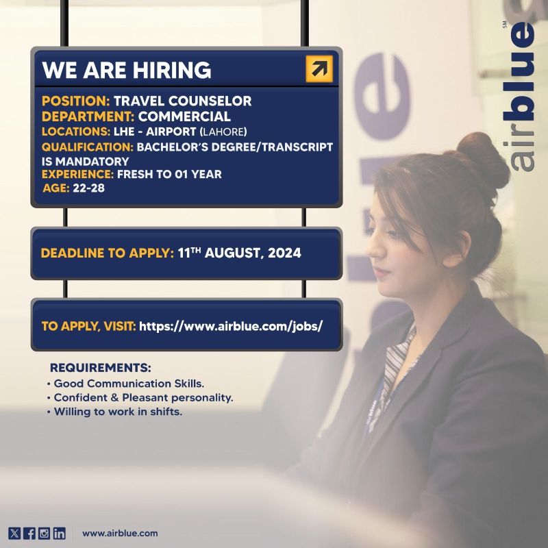 Advertisement for Airblue Jobs 2024