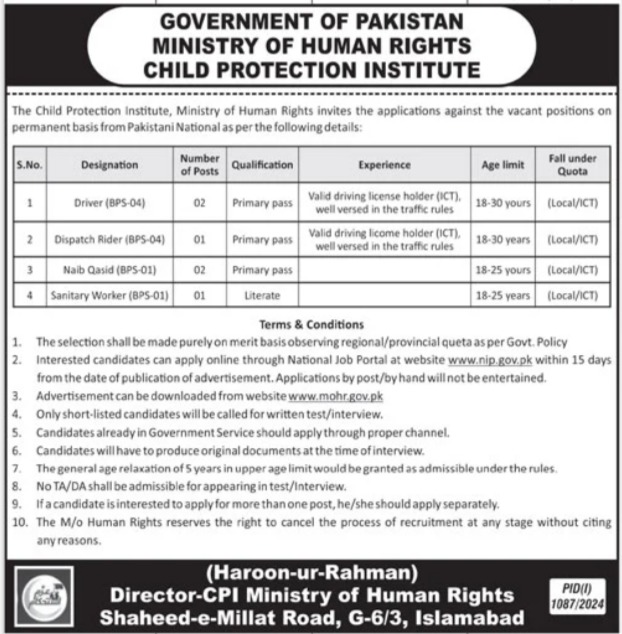 Advertisement for Child Protection Institute Islamabad Jobs 2024