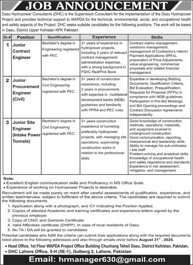 Advertisement for Dasu Hydropower Consultants DHC Jobs 2024