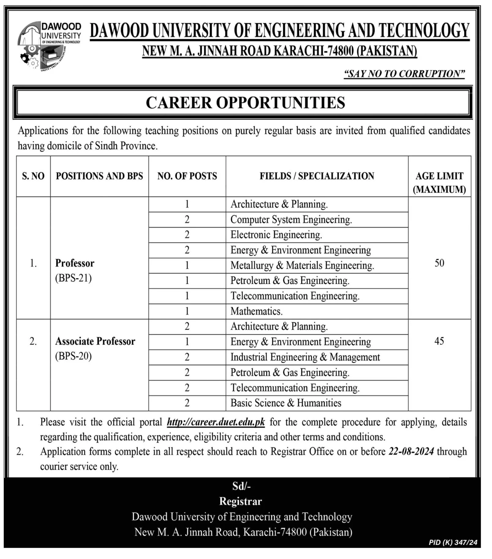 Advertisement for Dawood University of Engineering and Technology DUET Jobs 2024