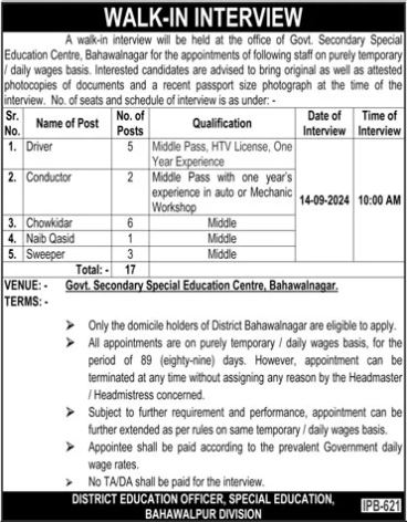 Advertisement for District Education Officer Bahawalpur Jobs 2024