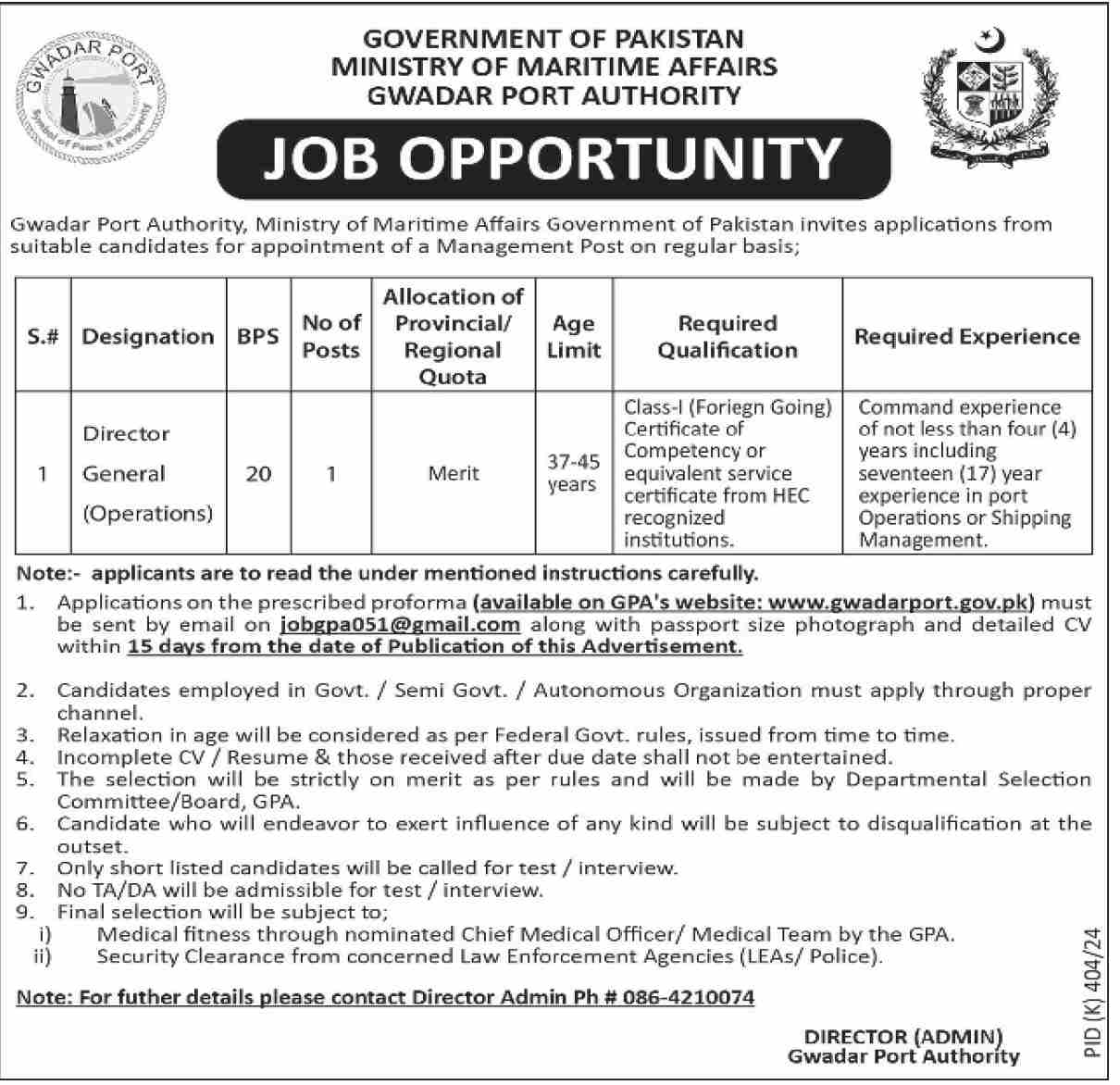 Advertisement for Gwadar Port Authority GPA Jobs 2024