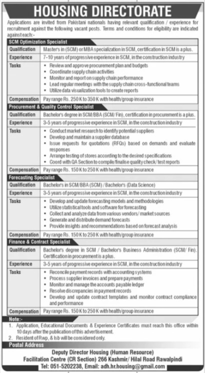 Advertisement for Housing Directorate Rawalpindi Jobs 2024