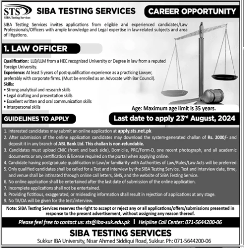 Advertisement for SIBA Testing Services STS Jobs 2024