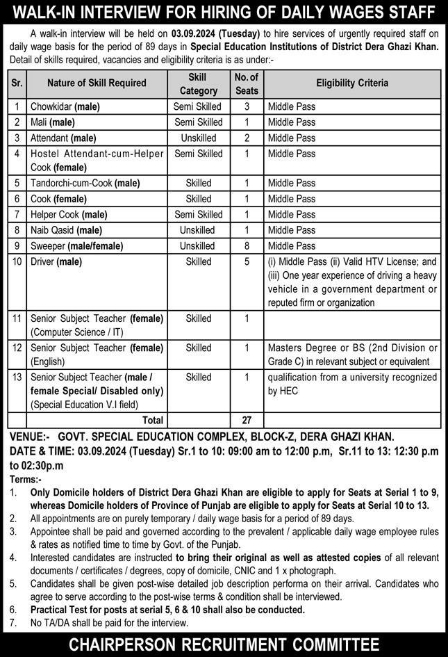 Advertisement for Special Education Institution SEI Dera Ghazi Khan Jobs 2024