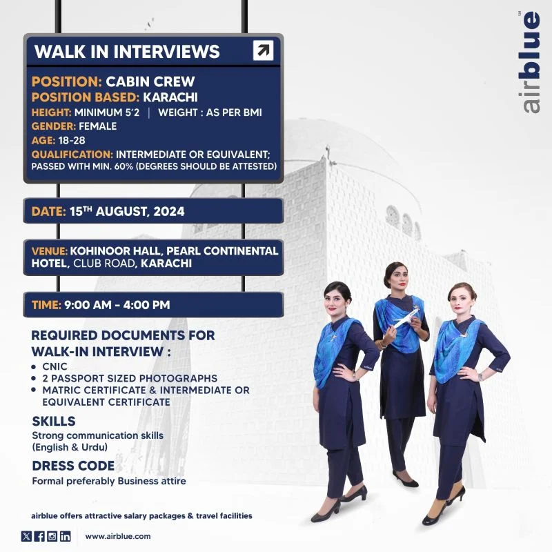  Advertisement of Air Blue Cabin Crew Jobs 2024