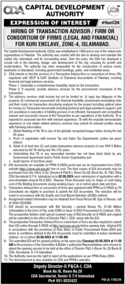  Advertisement of Capital Development Authority CDA Jobs 2024