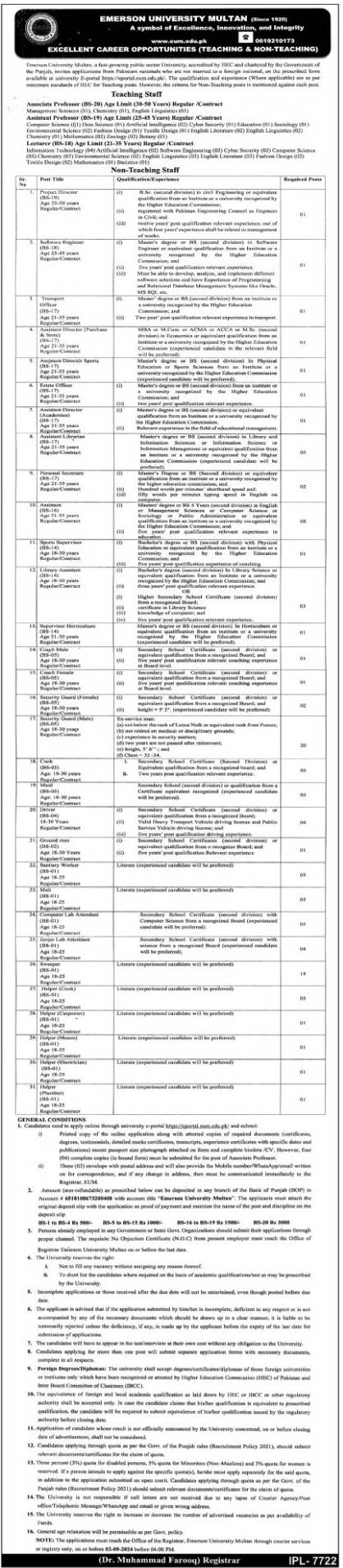  Advertisement of Emerson University Multan Jobs 2024: