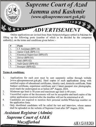  Advertisement of Supreme Court Of AJK Jobs 2024