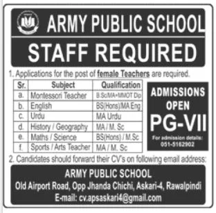 Advertisement for Army Public School & College APS Rawalpindi Jobs 2024: