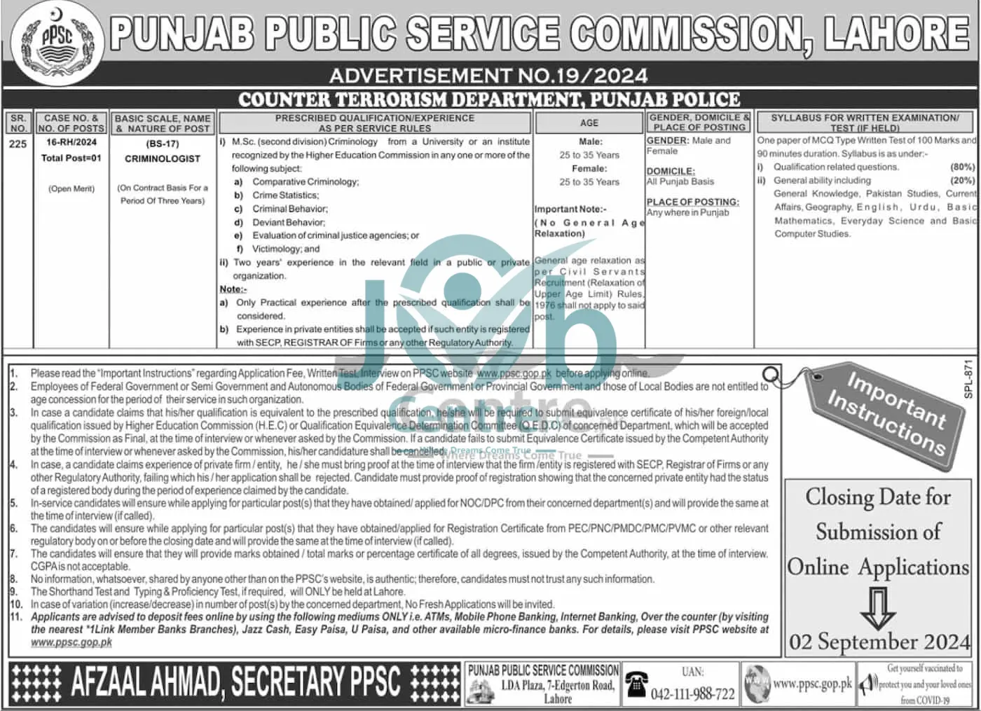 Advertisement for Counter Terrorism Department CTD Punjab Police Jobs 2024: