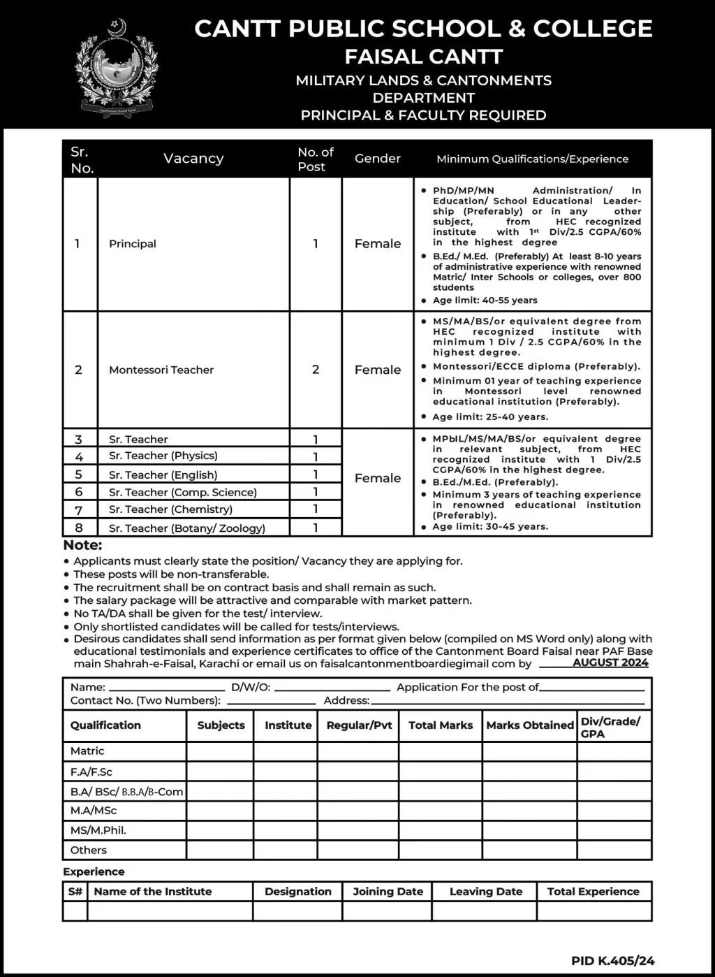 Advertisement for Cantt Public School and College Karachi Jobs 2024: