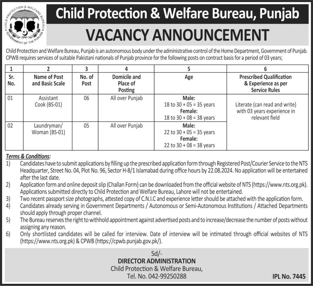 Advertisement for Child Protection and Welfare Bureau Punjab Jobs 2024: