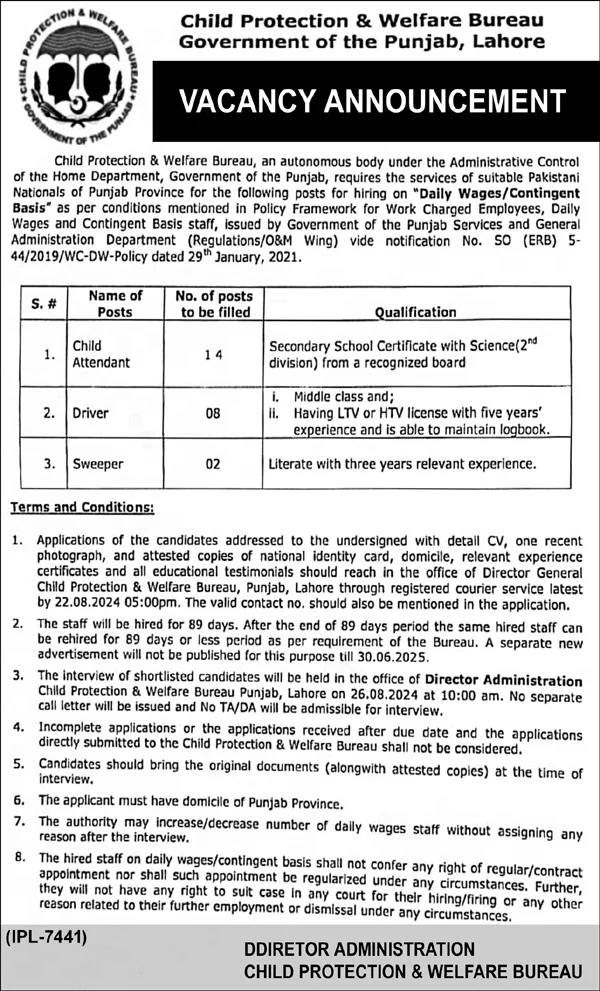 Advertisement for Child Protection and Welfare Bureau Punjab Jobs 2024: