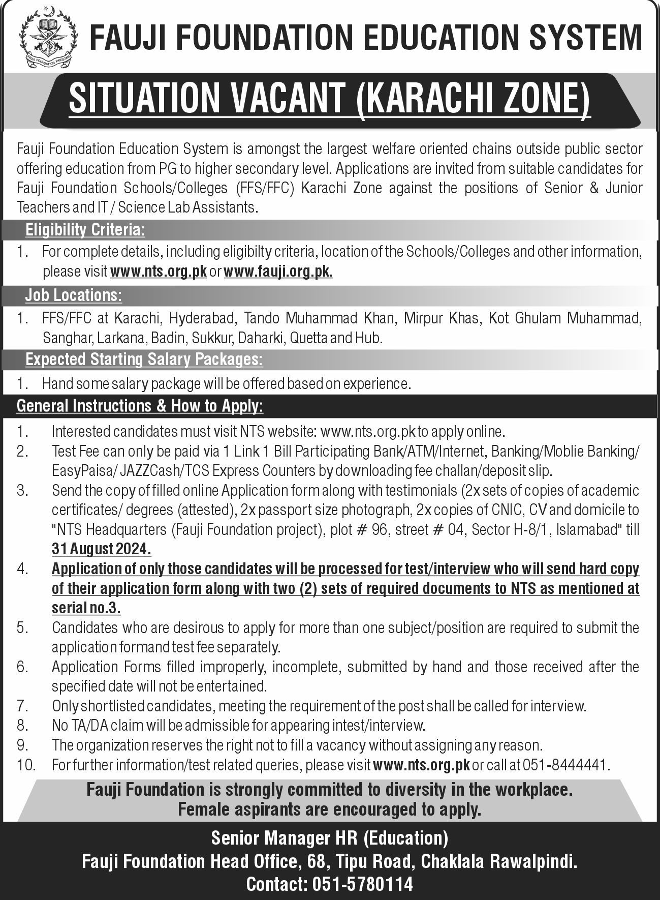 Fauji Foundation Education System FFES Jobs 2024 Advertisements: