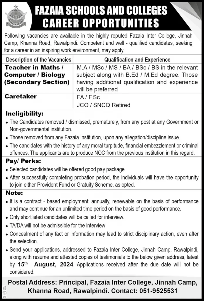 Fazaia Schools And Colleges Rawalpindi Jobs 2024 Advertisements: