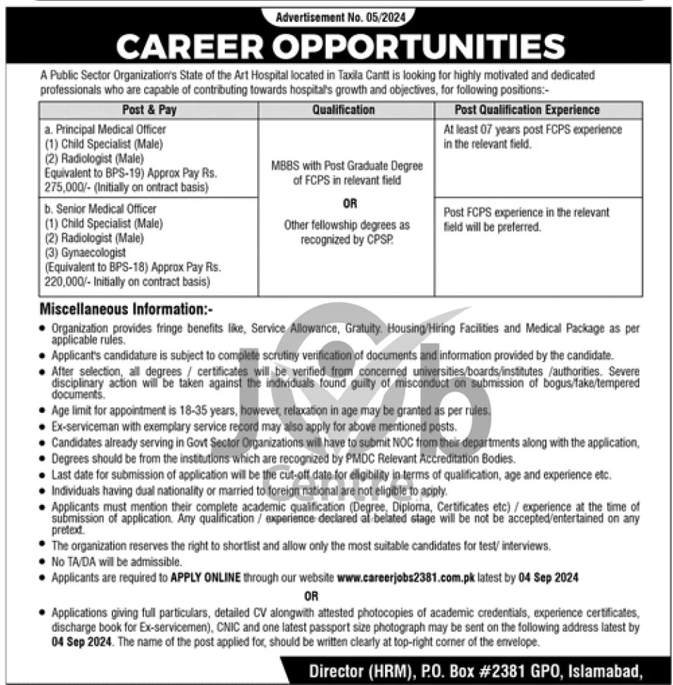 Advertisement for GPO Islamabad PO Box No 2381 Jobs 2024: