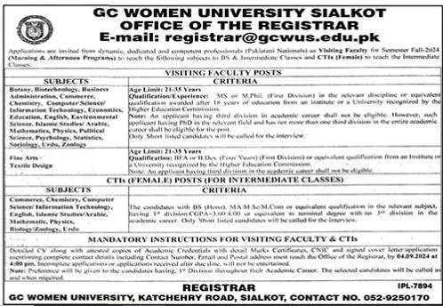 Government College Women University Sialkot GCWUS Jobs 2024 Advertisements