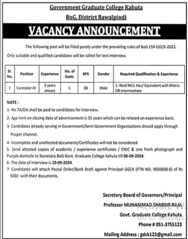 Advertisement for Government Graduate College Rawalpindi Jobs 2024: