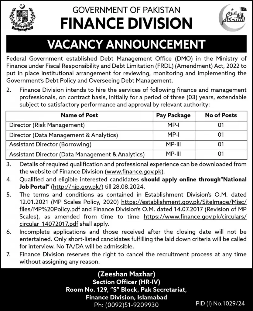 Advertisement for Government of Pakistan Finance Division Islamabad Jobs 2024: