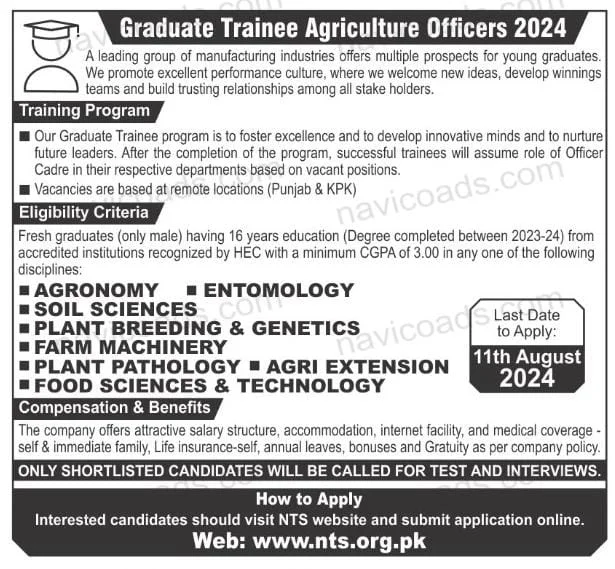 Advertisement for Graduate Trainee Engineers and Agriculture Officers Program 2024 NTS: