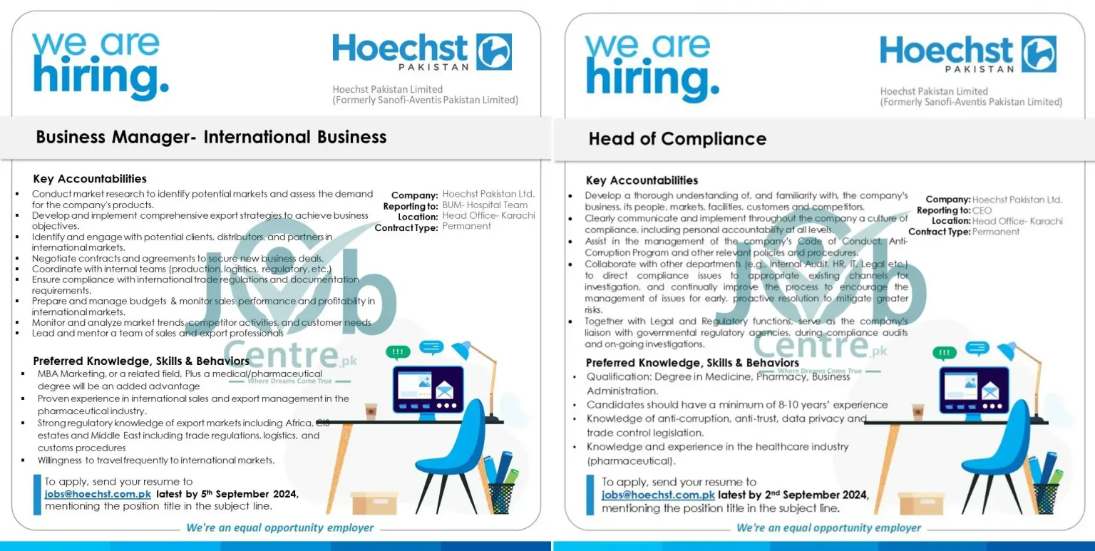 Advertisement for Hoechst Pakistan Limited Jobs 2024: