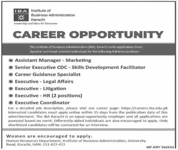 Advertisement for Institute Of Business Administration IBA Karachi Jobs 2024: