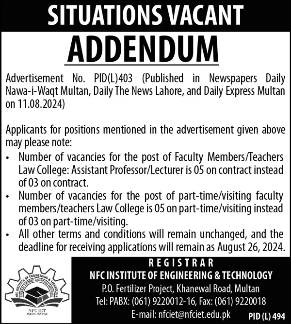 Institute Of Engineering and Technology NFC IET Multan Jobs 2024 Advertisements: