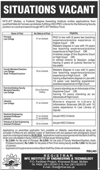 Institute Of Engineering and Technology NFC IET Multan Jobs 2024 Advertisements: