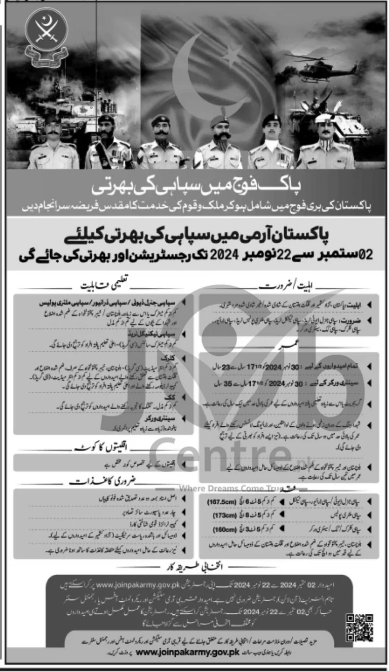 Advertisement for Join Pak Army Sipahi Jobs 2024: