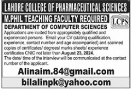 Advertisement for Lahore College of Pharmaceutical Sciences LCPS Jobs 2024: