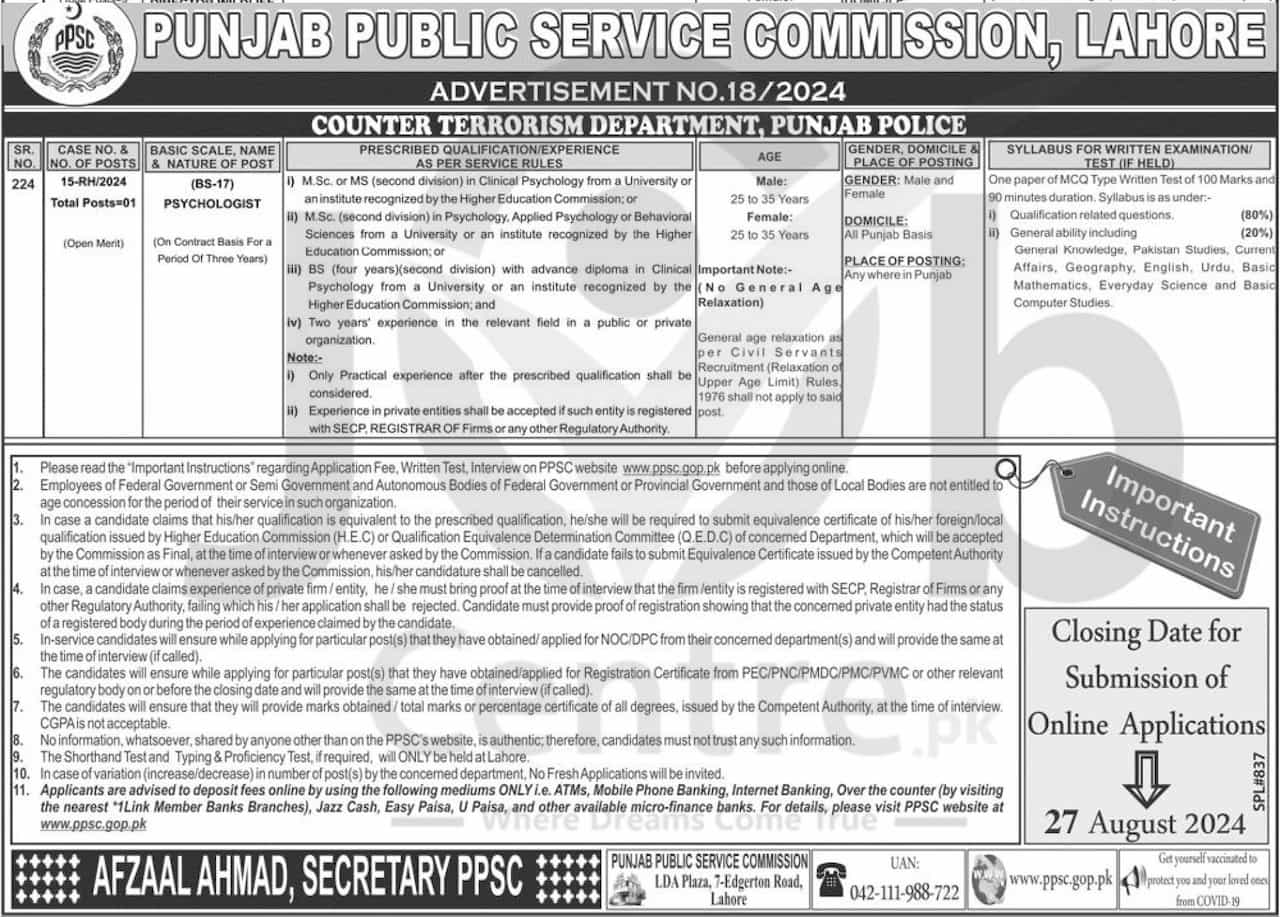 Advertisement for Counter Terrorism Department CTD Punjab Police Jobs 2024: