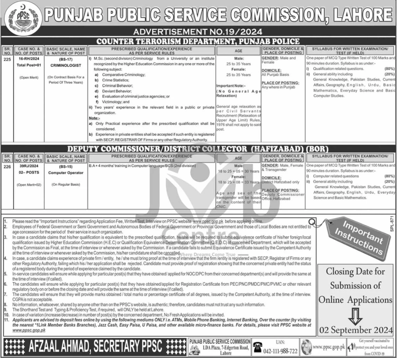 Advertisement for Latest PPSC Advertisement No 19 Jobs 2024: