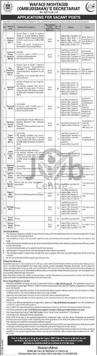 Latest Wafaqi Mohtasib Secretariat Jobs 2024 Advertisement