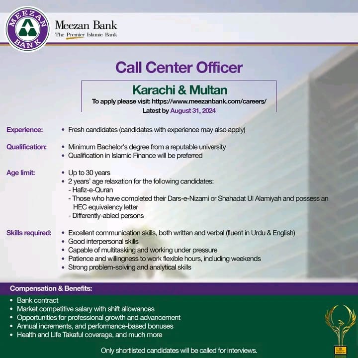 Advertisement for Meezan Bank Call Center Officers Jobs 2024: