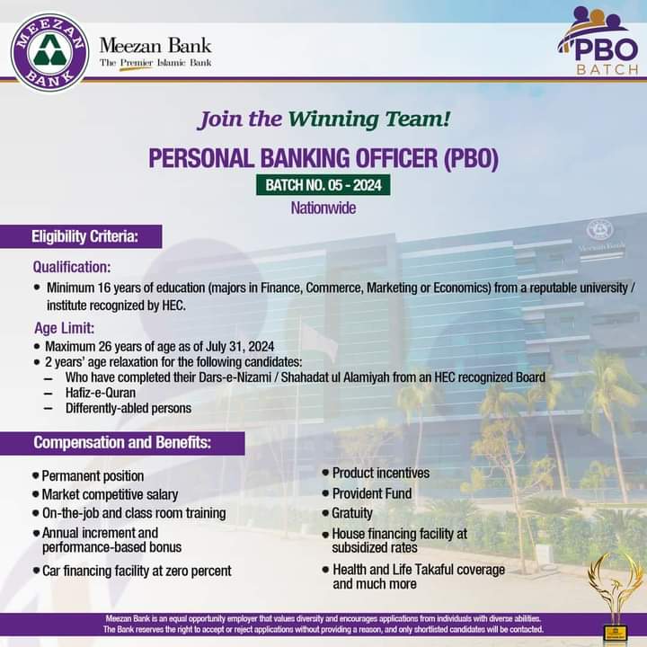 Advertisement for Meezan Bank Personal Banking Officers Jobs 2024: