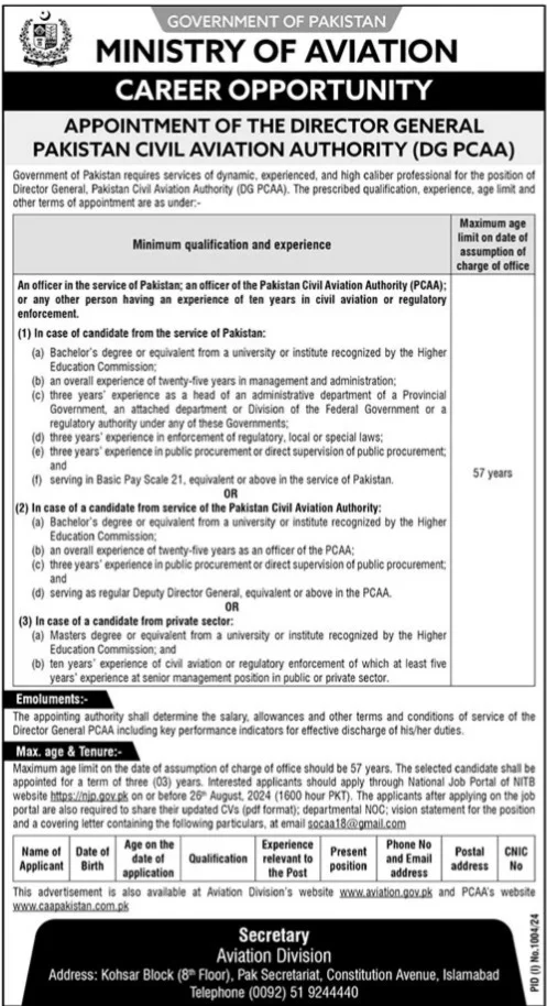 Advertisement for Ministry of Aviation MOA Islamabad Jobs 2024: