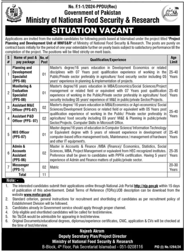 Ministry Of National Food Security Jobs 2024 Advertisements