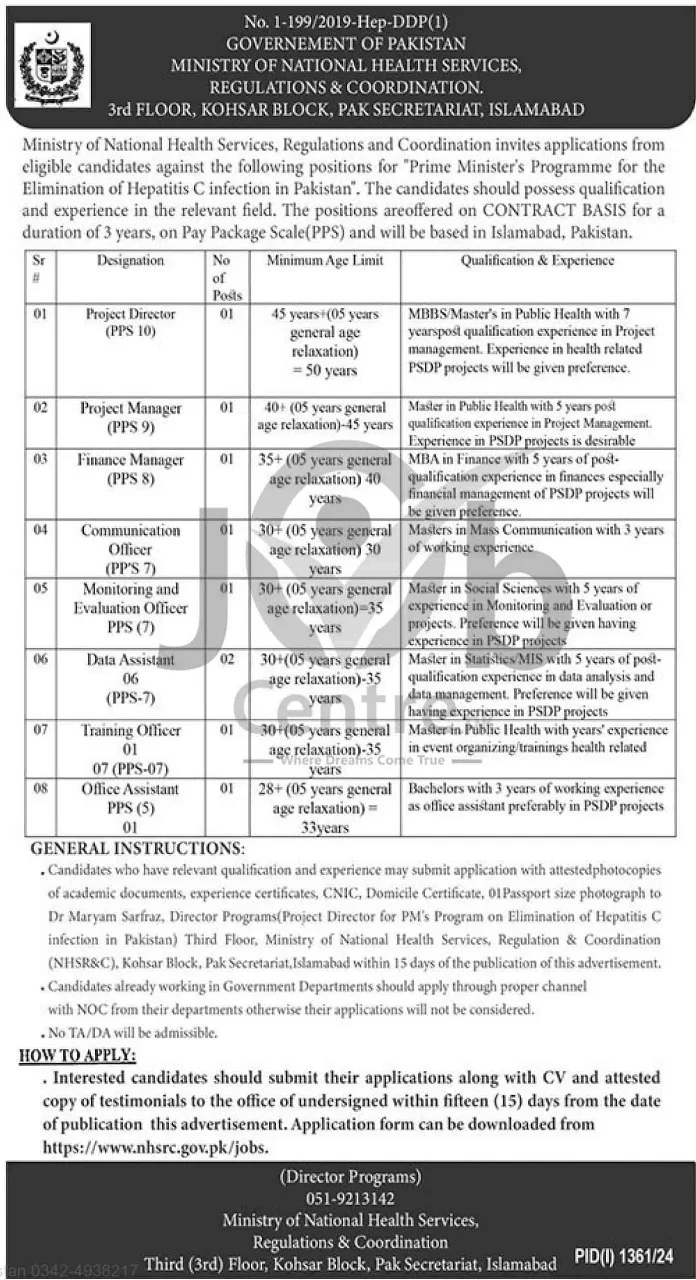 Advertisement for Ministry of National Health Services Jobs 2024: