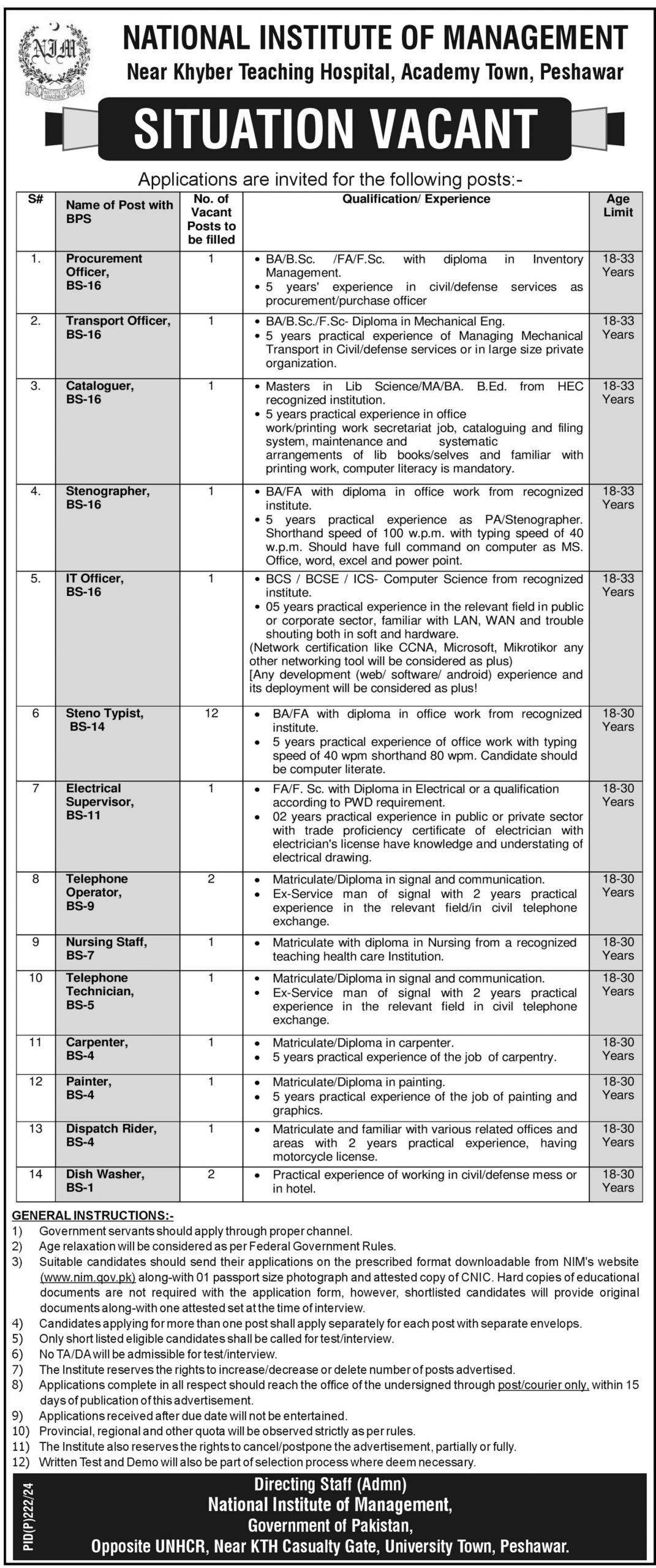 NIM Peshawar Jobs 2024 Advertisements