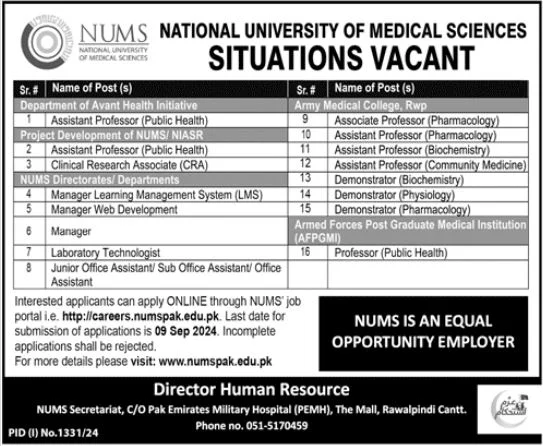 NUMS Jobs 2024 Advertisements: