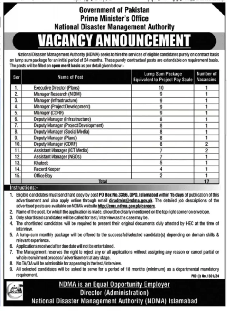 National Disaster Management Authority NDMA Jobs 2024 Advertisements: