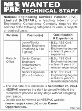 Advertisement for National Engineering Services Pakistan NESPAK Jobs 2024: