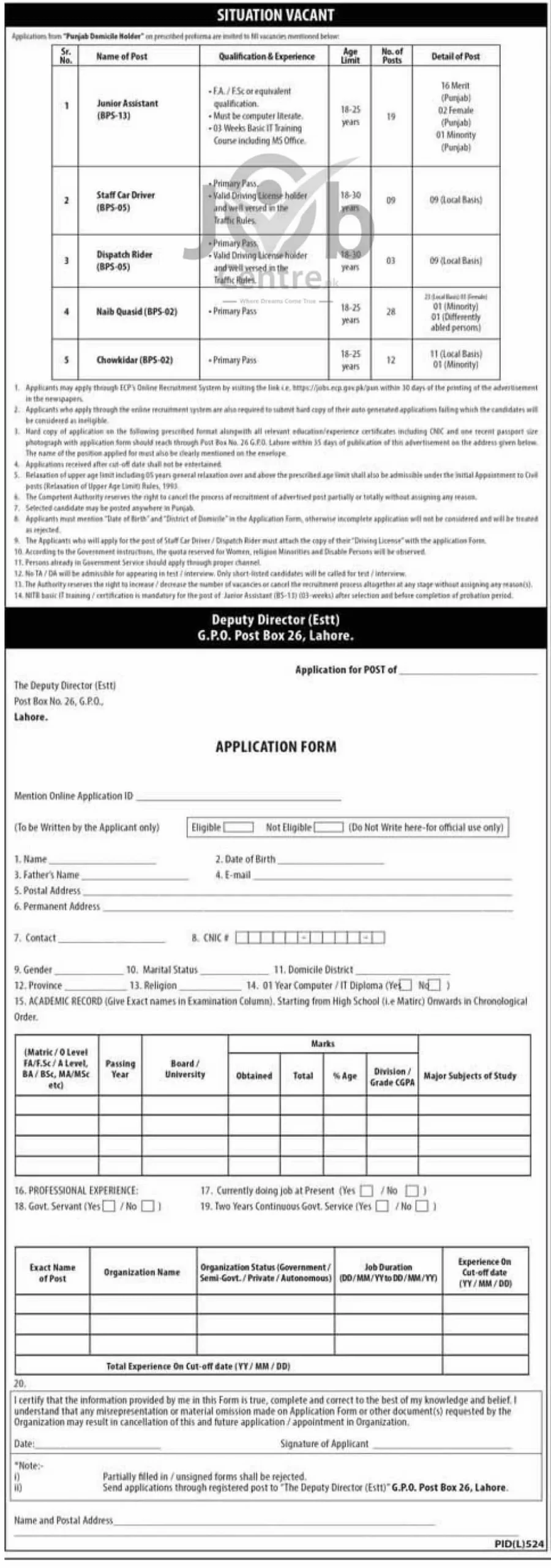 Advertisement for GPO Post Box 26 Lahore Jobs 2024: