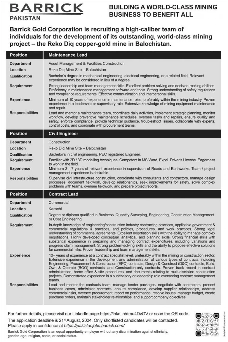 Advertisement for Pakistan Barrick Gold Corporation Jobs 2024: