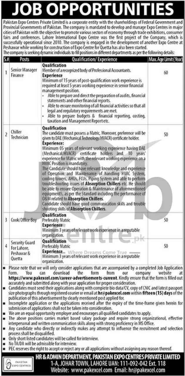 Advertisement for Pakistan Expo Centres Jobs 2024: