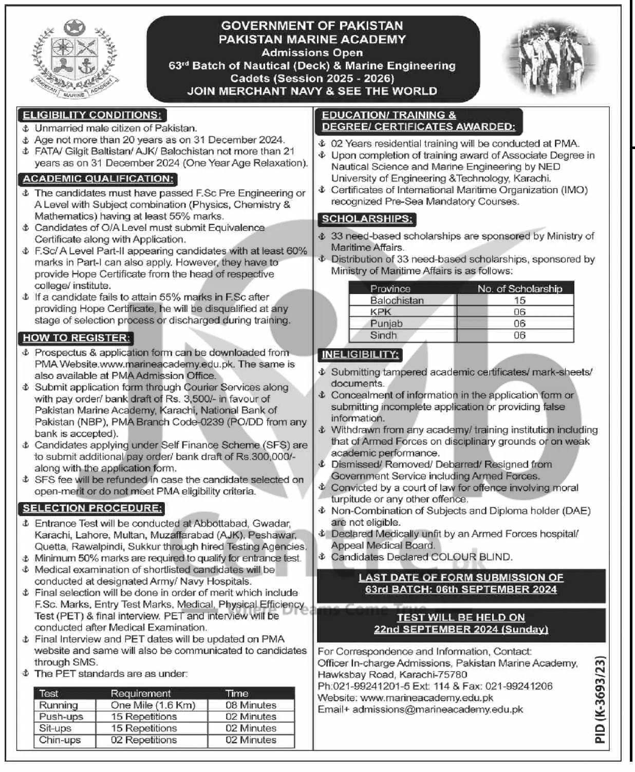 Advertisement for Pakistan Marine Academy Karachi Jobs 2024: