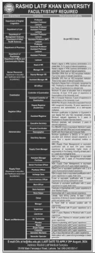  Advertisement of Rashid Latif Khan University RLKU Lahore Jobs 2024: