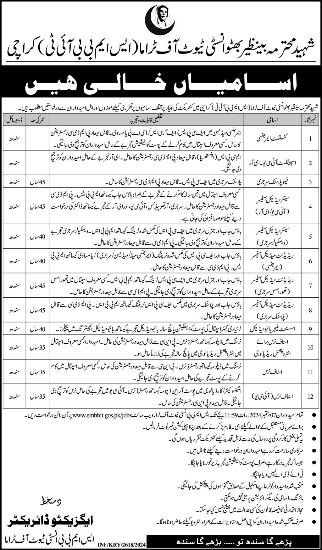 Shaheed Mohtarma Benazir Bhutto Institute of Trauma SMBBIT Jobs 2024 Advertisements