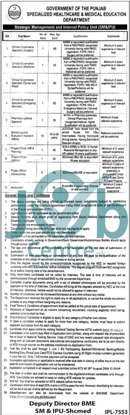 Advertisement for Specialized Healthcare & Medical Education Department Punjab Jobs 2024: